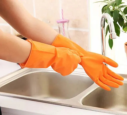 Reusable Rubber Latex PVC Flock lined Long Sleeves (orange)