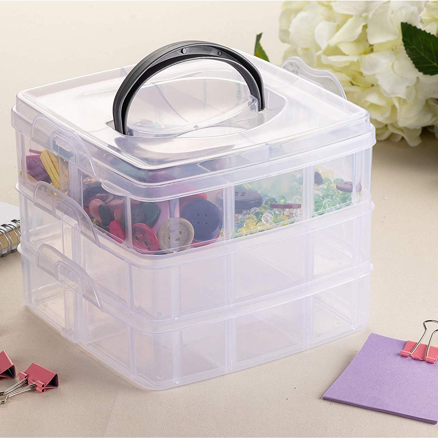 Plastic 3 Tier Stackable Adjustable 18 Compartment Slot Snap(white)