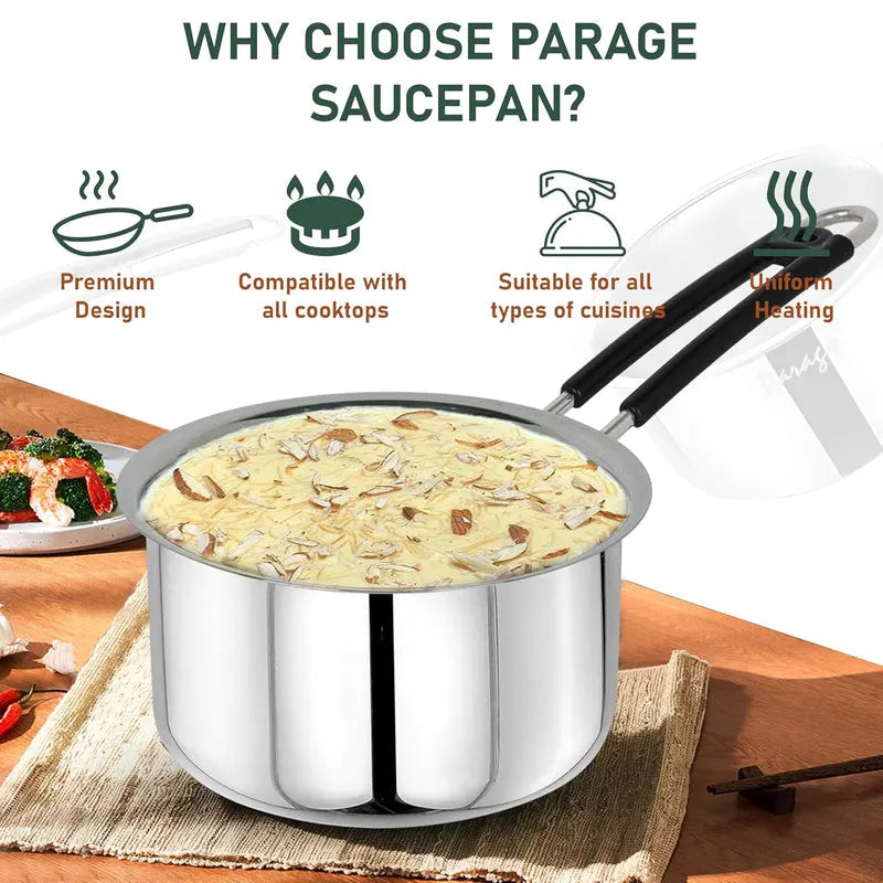 Heavy Gauge Stainless Steel Sauce Pan, Tea Pan, Milk Pan Pot Tapeli Patila (Silver 1.5Litre)